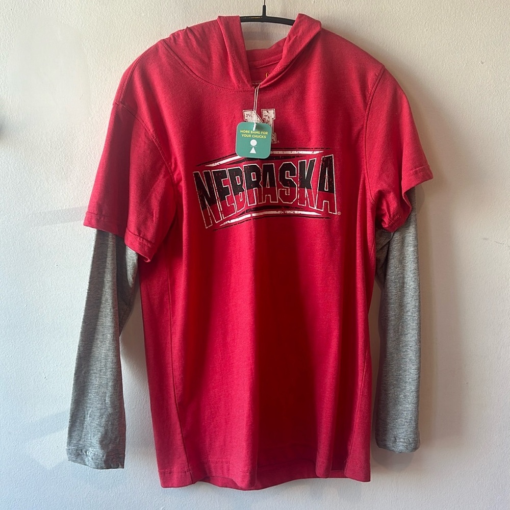 185 Nebraska hooded shirt gray sleeves youth large